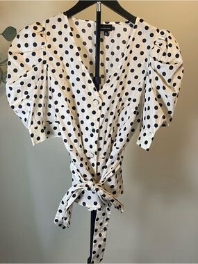 Who What Wear Ivory Blouse with Black Polka Dots and Tie Front